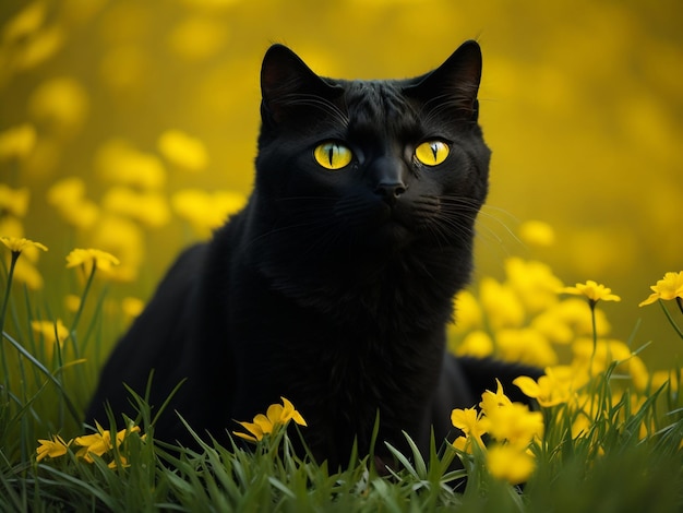 Bellissimo ritratto carino del gatto nero Bombay con gli occhi gialli che giace in giardino con fiori bianchi rosa margherita i