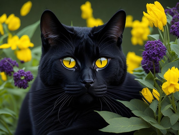 Bellissimo ritratto carino del gatto nero Bombay con gli occhi gialli che giace in giardino con fiori bianchi rosa margherita i