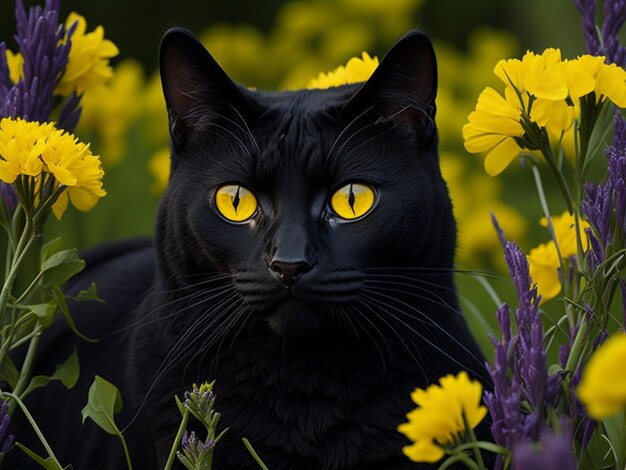 Bellissimo ritratto carino del gatto nero Bombay con gli occhi gialli che giace in giardino con fiori bianchi rosa margherita i