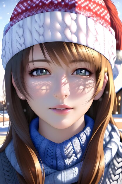 Bellissimo ritratto di donna di fronte a un albero di natale invernale Sciarpa cappello in pile a collo alto in maglia in stile anime pittura digitale illustrazione