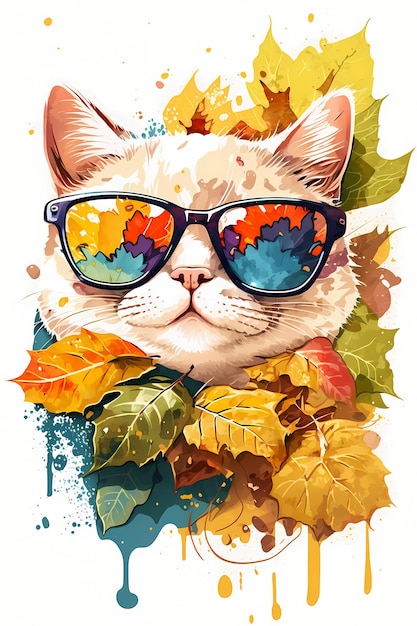 Bellissimo ritratto di gatto circondato da foglie d'autunno acquerello Clipart