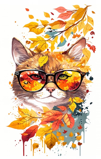 Bellissimo ritratto di gatto circondato da foglie d'autunno acquerello Clipart