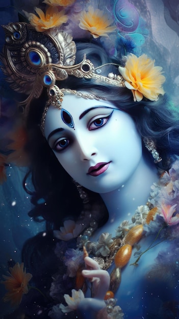 Bellissimo ritratto di illustrazione 3d di Lord Krishna per lo sfondo di Krishna Janmashtami