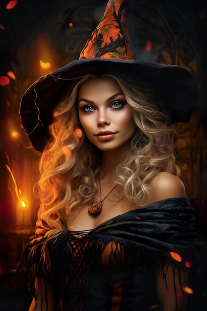 Bellissimo ritratto di strega Close uo view Happy Halloween Giovane donna mistica Trick or treat Immagine verticale AI generativa