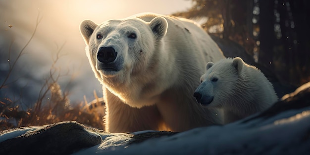 Bellissimo ritratto di un orso polare e del suo cucciolo in piedi insieme IA generativa