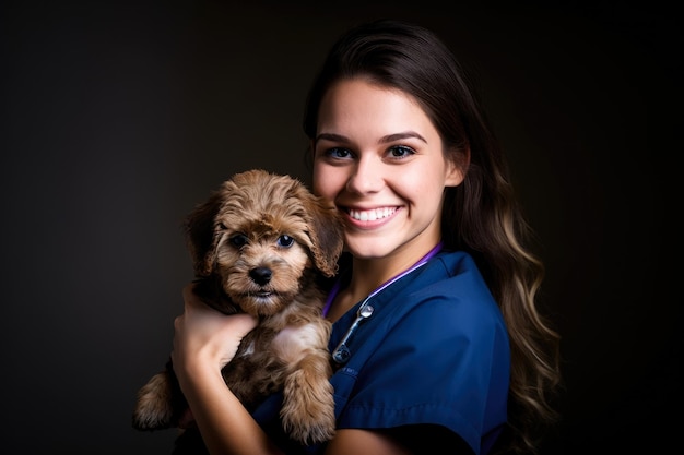 Bellissimo ritratto di un premuroso tecnico veterinario che tiene in braccio un cucciolo carino