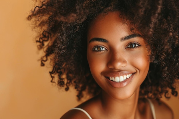 Bellissimo ritratto di una donna afroamericana con pelle sana e capelli ricci