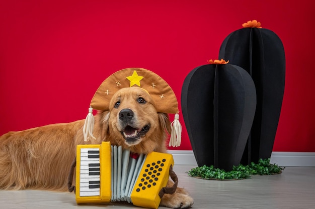 Bellissimo ritratto in primo piano di un golden retriever vestito da capitano