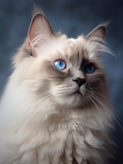 Bellissimo ritratto ravvicinato del gatto Ragdoll su sfondo scuro