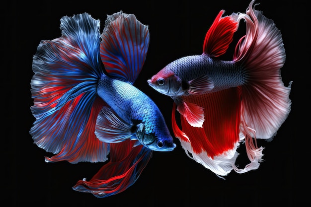 Bellissimo rosso colorato e blu di pesce betta siamese su sfondo nero scuro realizzato con intelligenza artificiale generativa