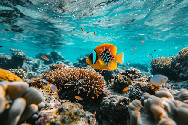 Bellissimo scatto di coralli e pesci arancioni sotto il limpido oceano blu