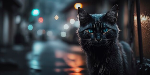 Bellissimo scatto di un gatto nero nella strada della città cyberpunk
