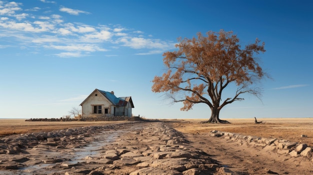 Bellissimo scatto di una vecchia casa abbandonata nel mezzo di un deserto vicino a un albero morto e senza foglie
