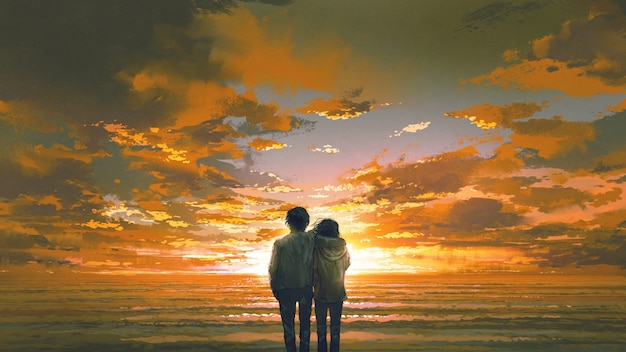 bellissimo scenario di giovane coppia che guarda la spiaggia al tramonto, stile arte digitale, pittura illustrativa