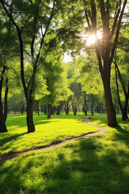 Bellissimo scenario fantasy magico della foresta incantata da fiaba con grandi alberi e vegetazione