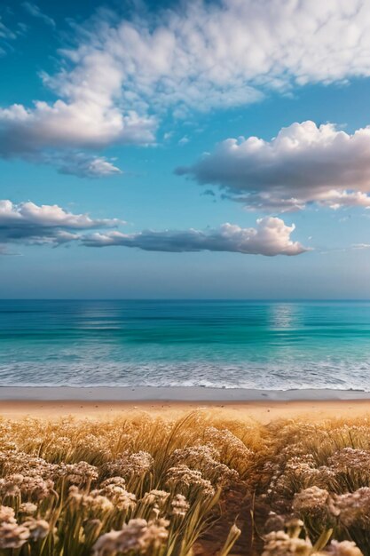 Bellissimo scenario montagne mare spiaggia cielo blu nuvole bianche sfondo carta da parati vista sul mare