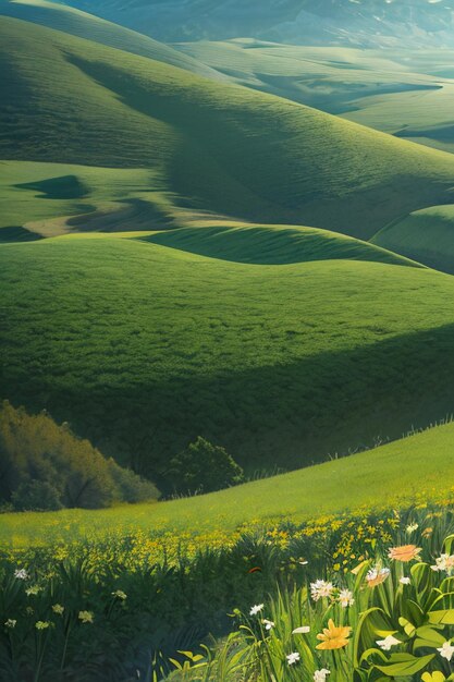 Bellissimo scenario sfondo sfondo cartone animato in stile fumetto all'aperto casa di montagna fiori di erba