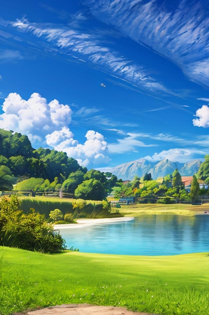 Bellissimo scenario sfondo sfondo cartone animato in stile fumetto all'aperto casa di montagna fiori di erba