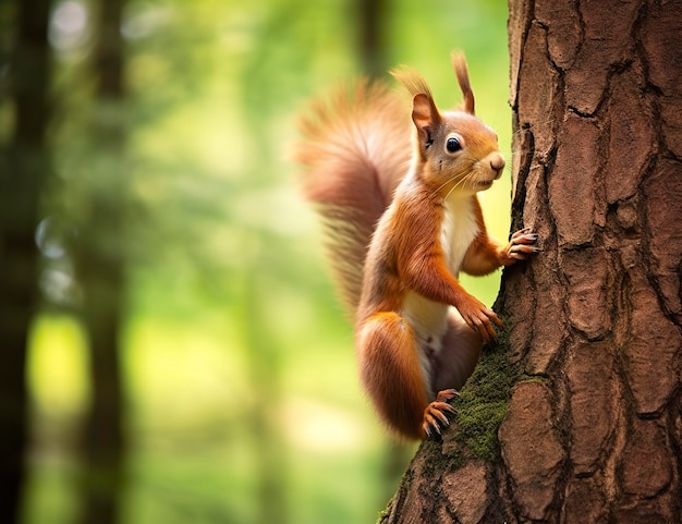 Bellissimo scoiattolo su un albero in un parco forestale in estate IA generativa