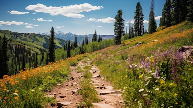 bellissimo sentiero di montagna rosso giallo lilla bianco fiori di campo cielo blu con grandi nuvole soffici