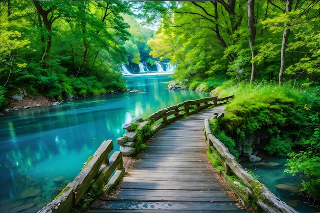 Bellissimo sentiero in legno per trekking naturalistico con paesaggio di laghi e cascate generato da ai