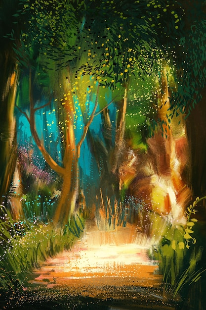 bellissimo sentiero nel bosco al mattino, pittura illustrativa