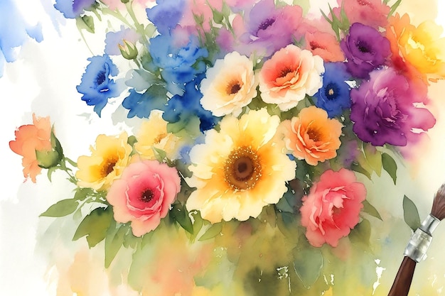 Bellissimo set vintage di pittura floreale acquerello e pennello stock un mazzo di fiori