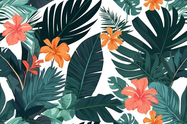 Bellissimo sfondo a disegno floreale vettoriale senza cuciture con foglie tropicali di palma