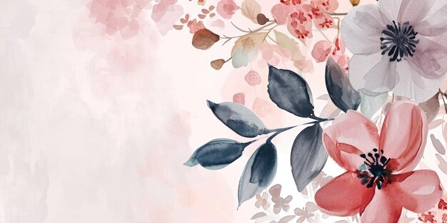 Bellissimo sfondo ad acquerello con fiori e foglie pastello in colori caldi.