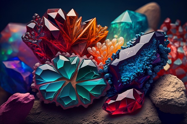 Bellissimo sfondo astratto con cristalli colorati Gemme misteriose minerali Cluster di cristalli magici Vista in primo piano IA generativa