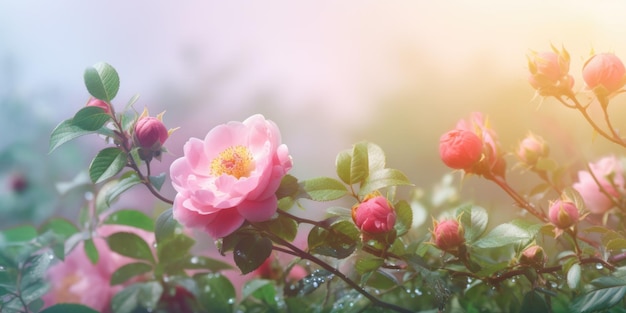 Bellissimo sfondo astratto con disegno floreale, foto di mattina nebbiosa rosa e verde, banner bellissimo AI generativo AIG32