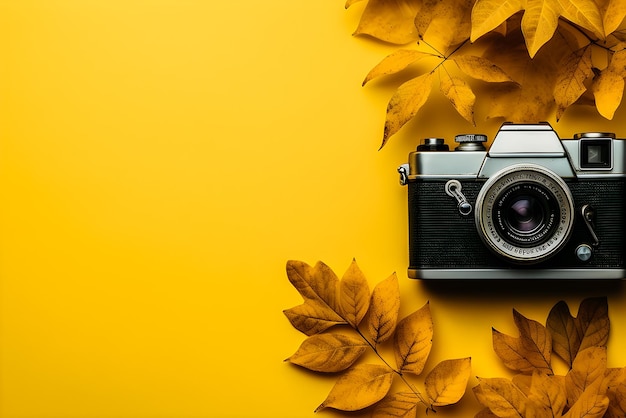 Bellissimo sfondo astratto d'autunno con foglie e fotocamera retro generativa AI
