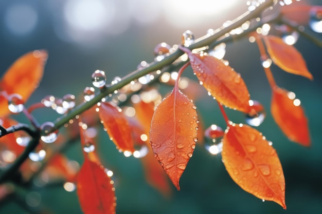 Bellissimo sfondo autunnale con rugiada mattutina e fogliame luminoso con gocce d'acqua