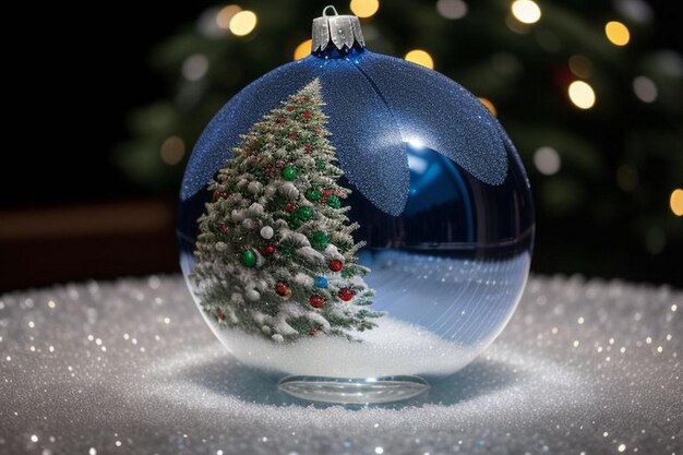 Bellissimo sfondo blu e oro di Natale con la neve x albero di Natale all'interno della palla di Natale