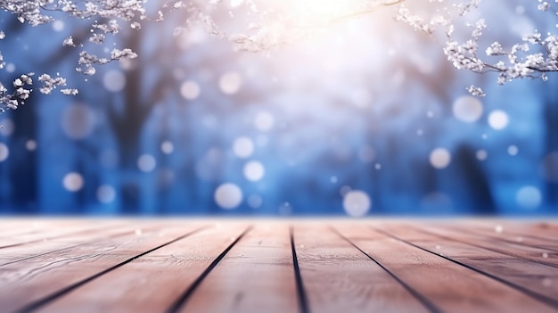 Bellissimo sfondo blu sfocato sfocato innevato invernale e pavimenti in legno vuoti