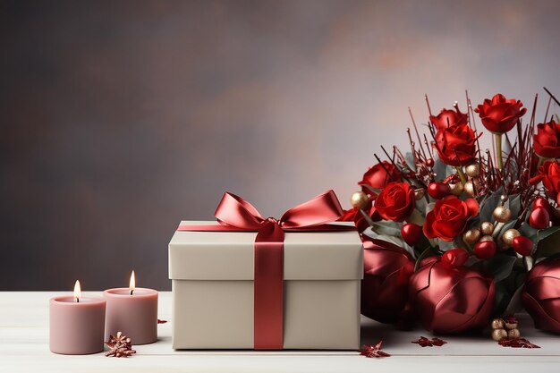 Bellissimo sfondo con nastro regalo rose e spazio di copia Natale Vacanze San Valentino e concetto di celebrazione