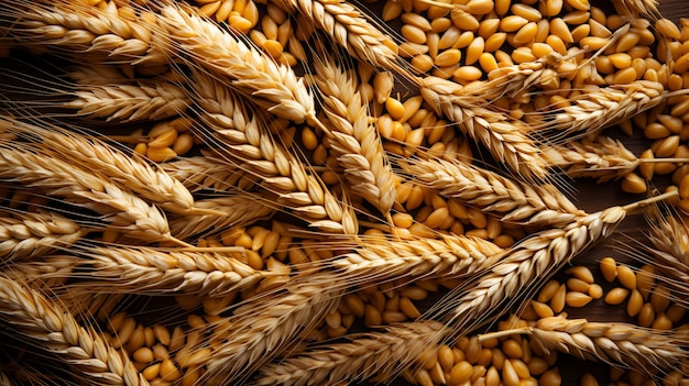Bellissimo sfondo con orecchie e chicchi di grano che raccolgono carta da parati cartolina concetto di agricoltura