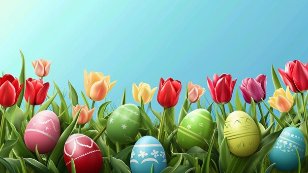 Bellissimo sfondo con uova di Pasqua e tulipani di colori realistici Generative Ai