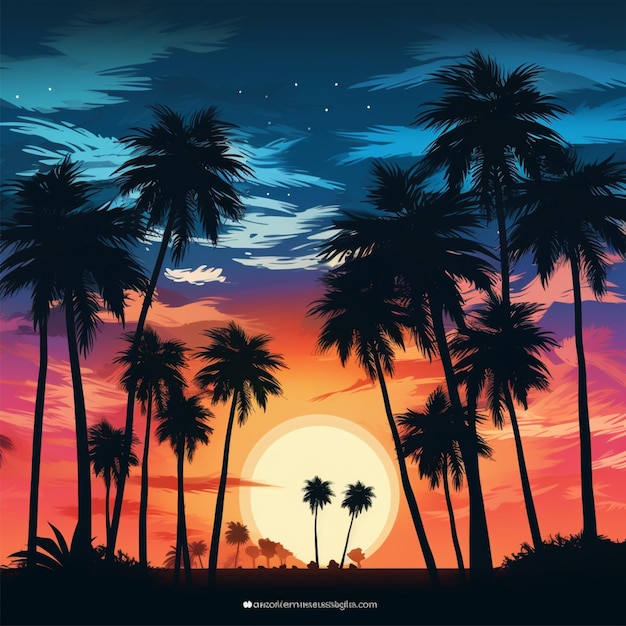 bellissimo sfondo del cielo serale con affascinanti sagome di palme da dattero
