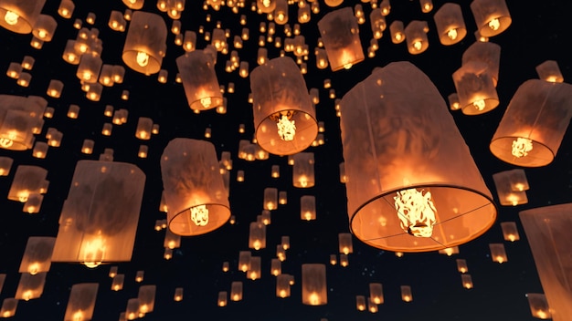 Bellissimo sfondo del festival delle lanterne del cielo Sfondo cinese della lanterna volante di Loy Krathong