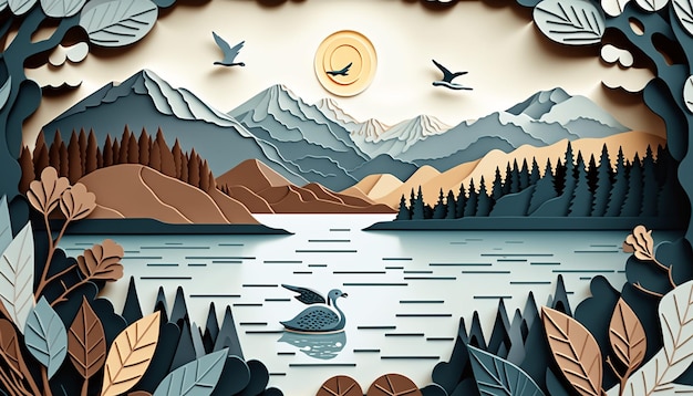 bellissimo sfondo del lago in stile carta tagliata IA generativa