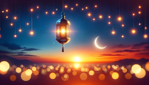 Bellissimo sfondo del tramonto per il Ramadan con lanterna e mezzaluna