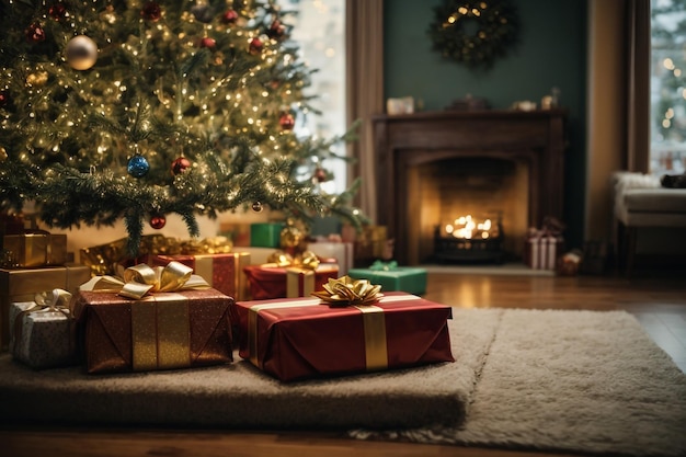 Bellissimo sfondo di Capodanno con un albero di Natale e un mucchio di regali sotto di esso