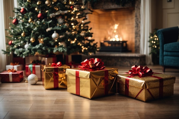 Bellissimo sfondo di Capodanno con un albero di Natale e un mucchio di regali sotto di esso
