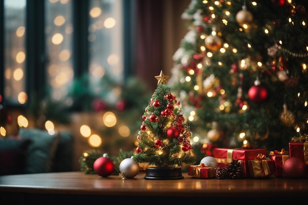 Bellissimo sfondo di Capodanno con un albero di Natale e un mucchio di regali sotto di esso