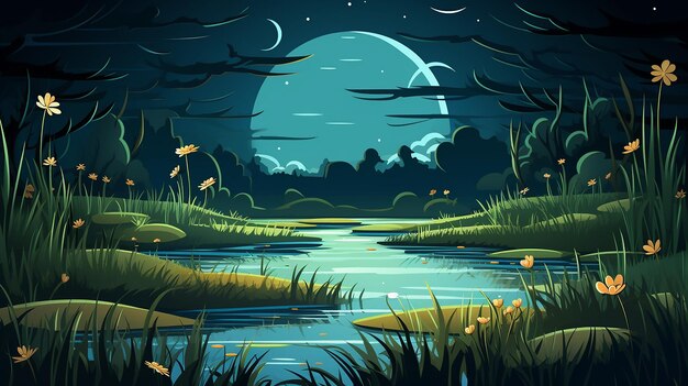 bellissimo sfondo di cartone animato con palude illuminata dalla luna con lucciole amichevoli