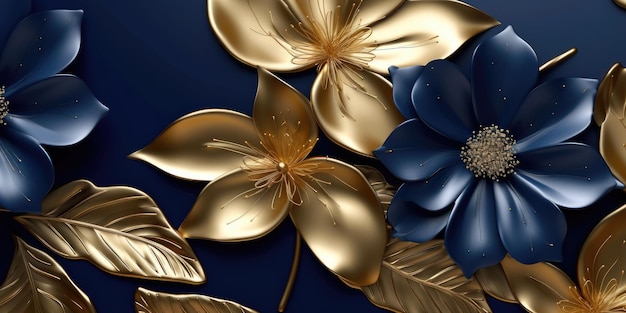 Bellissimo sfondo di disegno floreale metallico lucido oro astratto e blu bellissimo Generative AI AIG32