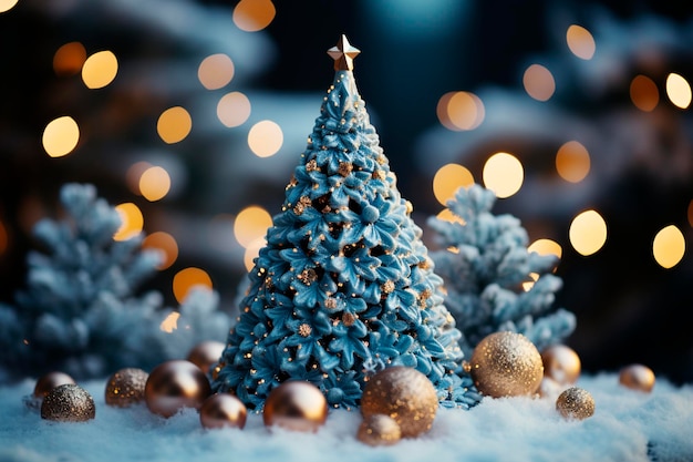 Bellissimo sfondo di Natale con la neve e le luci dell'albero di abete Sfondo di Natale IA generativa