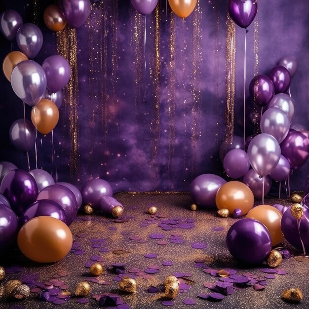 Bellissimo sfondo festivo con palloncini viola e blu