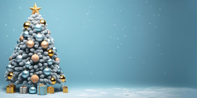 Bellissimo sfondo festivo di Natale Albero di Natale decorato con palline su sfondo blu formato banner copia spazio AI generato